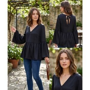 Halogen Peplum Blouse Velvet Tie Bell Sleeve Tunic Black Medium